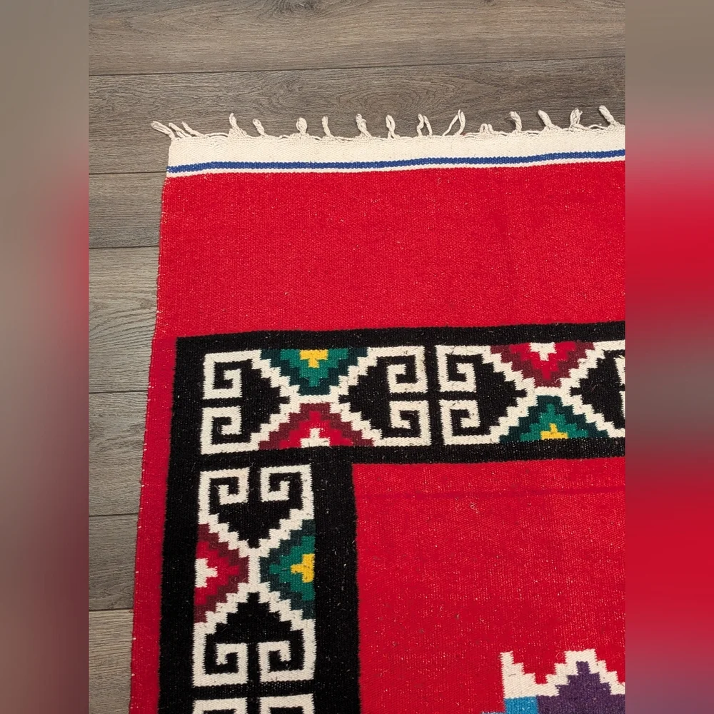Vintage 1960s Traditional Geometric Mexican Woven Tapestry Blanket Rug 76